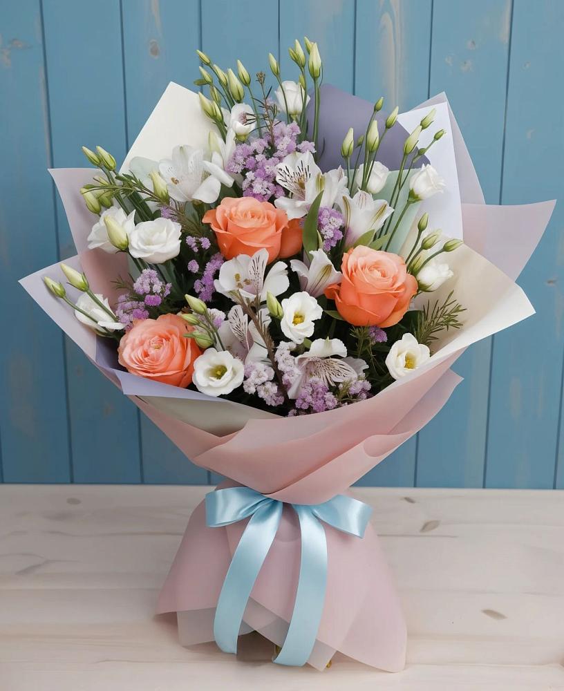 Букет цветов из: Лизиантусы, Розы, Альстромерии и Гипсофила в Краснохолм