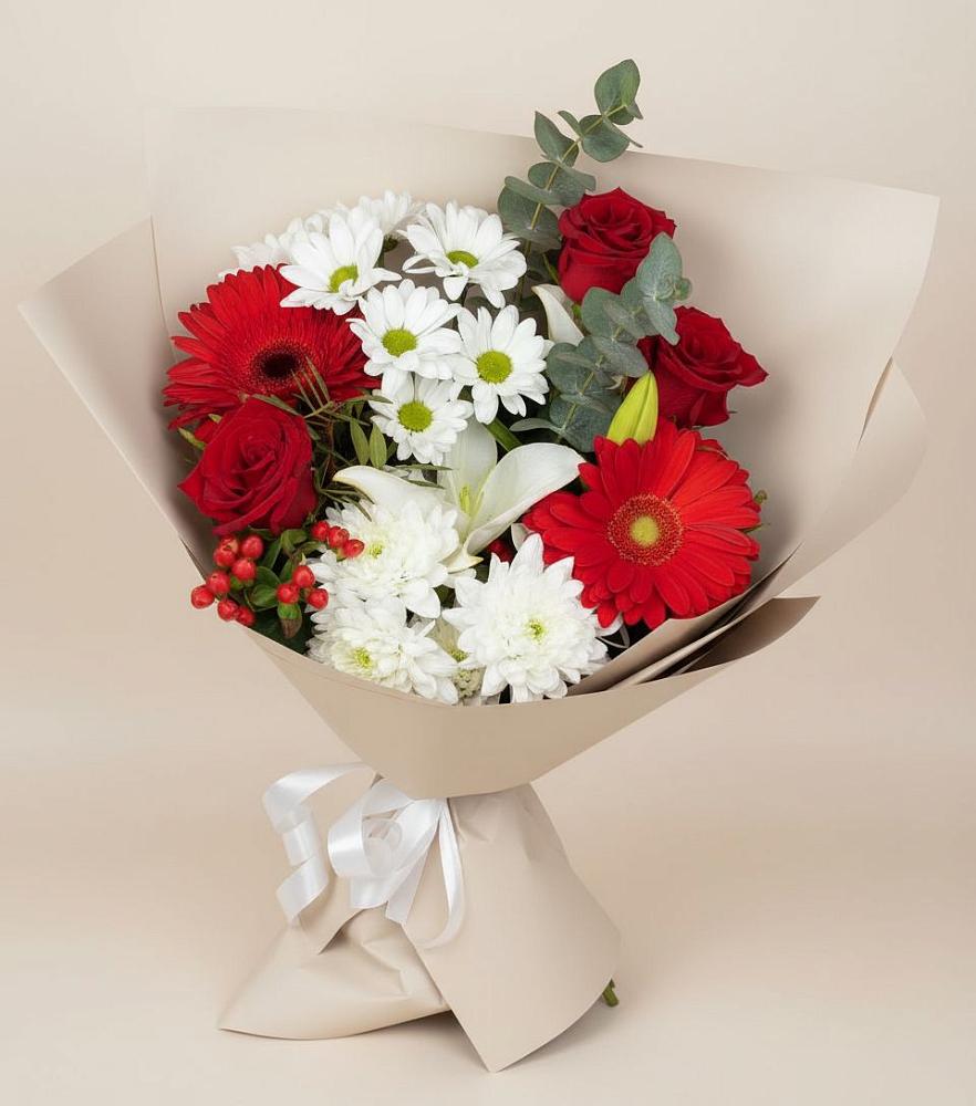 Букет цветов из: Розы, Хризантемы, Герберы и Лилии в Краснохолм