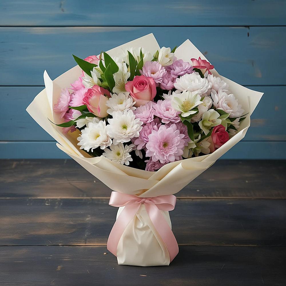 Букет цветов из: Хризантемы, Альстромерии и Розы в Краснохолм